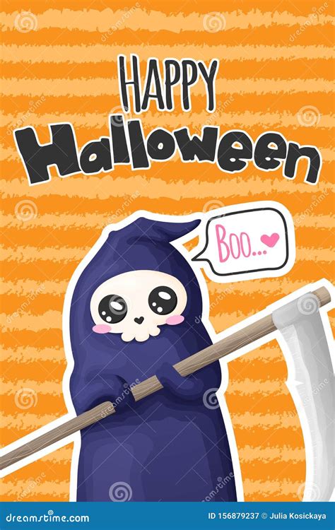 Halloween Banners With Cute Grim Reaper Cartoons Style Stock