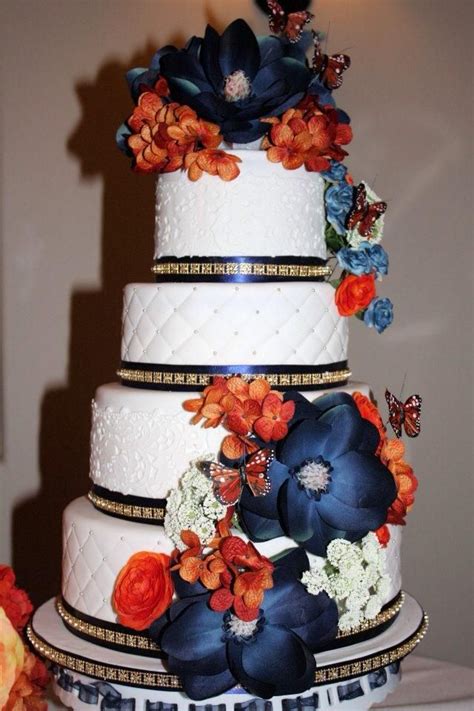 Silk Flowers Adorn This 4 Tier Wedding Cakeburnt Orange And Navy