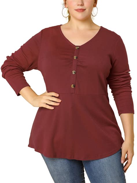 Unique Bargains Womens Plus Size Loose Tops Buttons Long Sleeve V