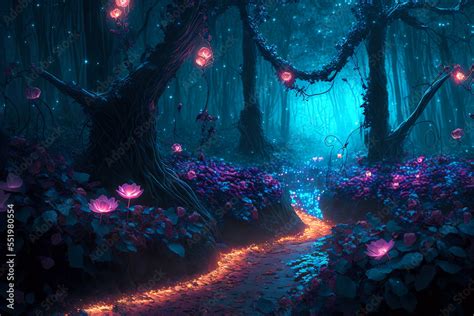 Fantasy Fairy Tale Background With Forest And Blooming Pink Rose Path