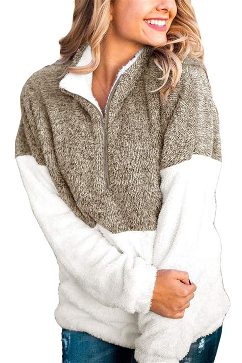 Alelly Womens Zipper Sherpa Pullover Soft Fuzzy Fleece Sweatshirt