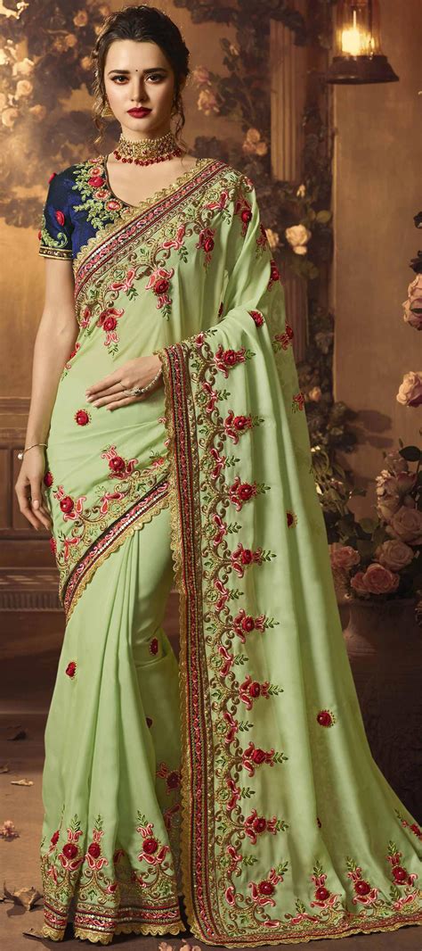 Pista Green Satin Silk Saree With Designer Blouse Saree Designs Saree Georgette Sarees