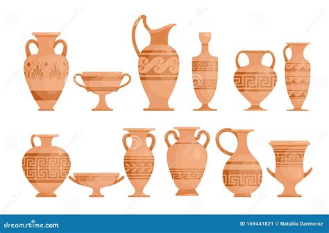 Greek Vases Flat Vector Illustrations Set Ceramic Antique Amphora With