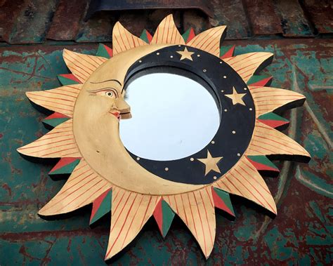Vintage Painted Wood Sun And Moon Wall Mirror From Indonesia Celestial