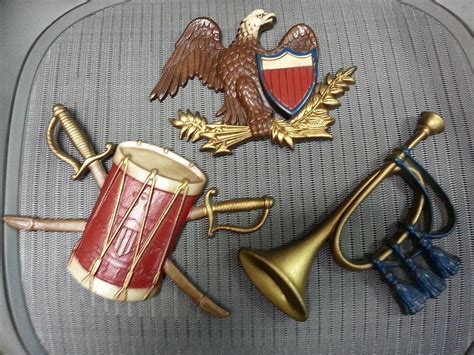 sexton patriotic military americana 3 piece cast iron wall plaque set drum and swords eagle and bugle