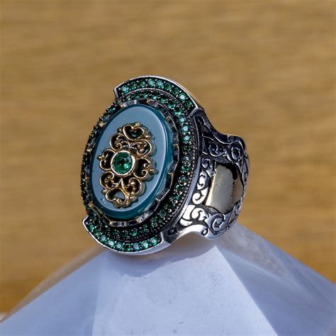 Yeşil Akik Taşlı Özel Tasarım Sultan Yüzüğü | Taşlı Erkek Yüzük | Tesbihcibaba