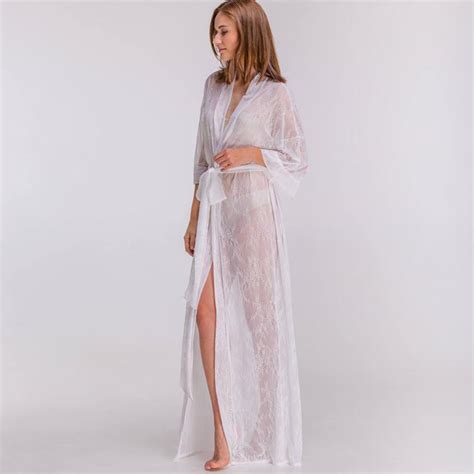white loose wrap see through bridal sexy sheer bathrobe lace lingerie kimono robe china