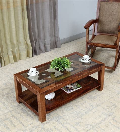 Buy Mckaine Solid Wood Coffee Table With Glass Top In Rustic Teak Finish By Woodsworth Online