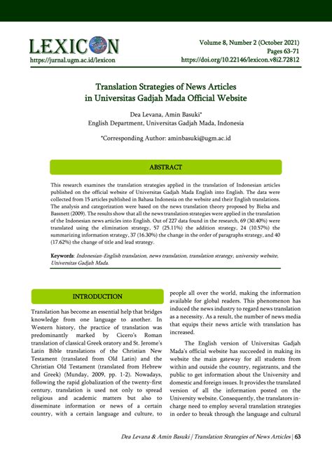PDF Translation Strategies Of News Articles In Universitas Gadjah