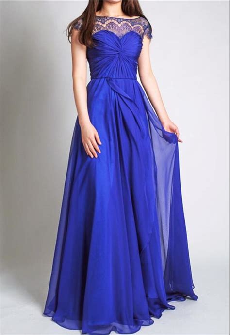 Royal Blue With Cap Sleeves Lace Chiffon A Line Wedding Party Long
