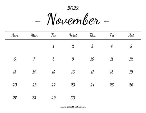 November Calendar 2022 Printable A Printable Calendar