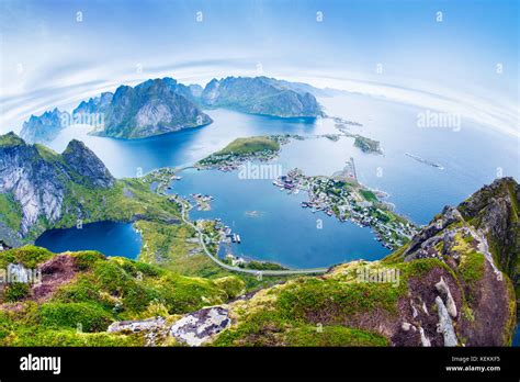 A Panorama View Of The Fishing Village Of Reine And Lofoten Islands