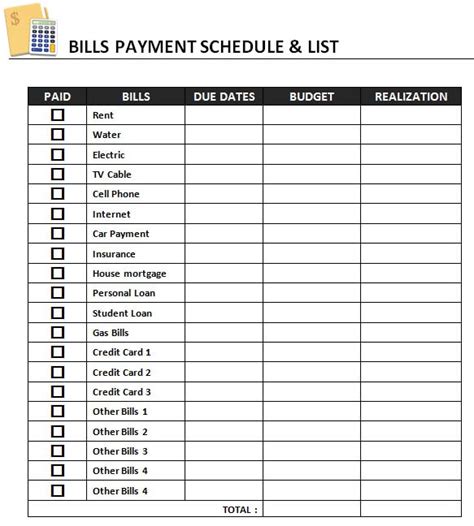 Bill Pay Schedule Worksheet Template Calendar Design