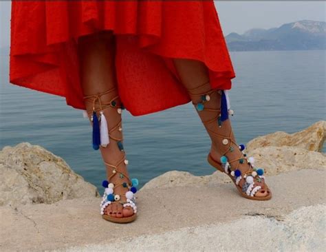 Pom Pom Boho Tie Up Leather Sandals Santorini By Leatheragora