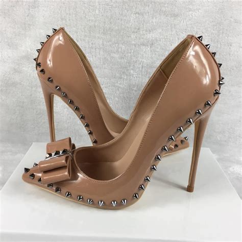 Nude Color Rivets High Heels Patent PU Leather Exclusive Brand Needle
