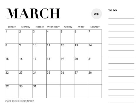 2020 Calendar March A Printable Calendar