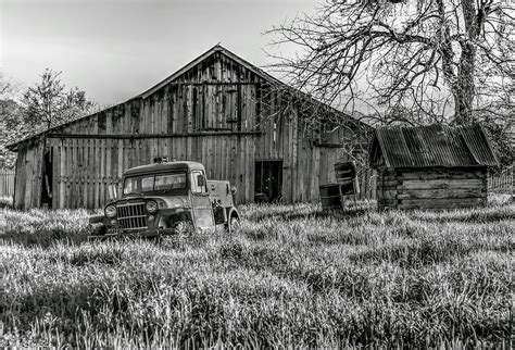 Old Jeep Old Barn Bw Photograph By Mike Ronnebeck Fine Art America