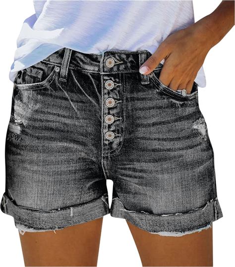 Women Ripped Denim Jean Shorts Mid Rise Stretchy Folded Hem Short Jeans Casual Denim Shorts