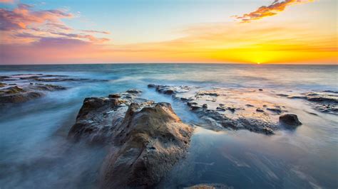 Wallpaper Sunlight Sunset Sea Bay Rock Shore Reflection Sky
