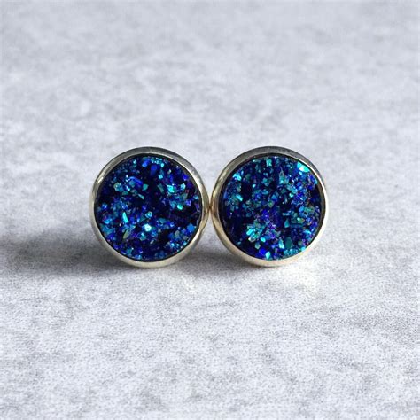 Blue Druzy Earrings Faux Quartz Geodes Silver Bezel Studs Etsy