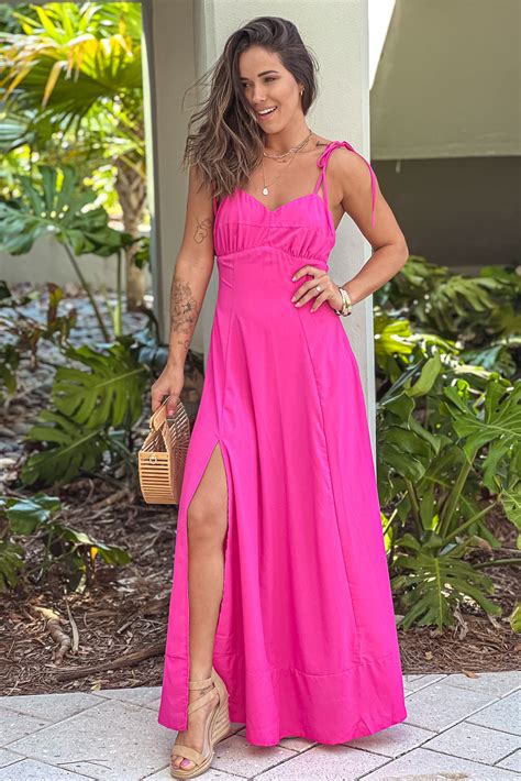 hot pink maxi dress with slit and tie straps maxi dresses saved by the dress