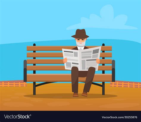 Old Man Sitting On Bench And Reading Newspaper Vector Image