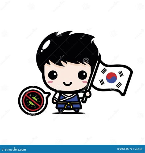 Cute Boy Cartoon Character Holding The Flag Of Korea Country Against