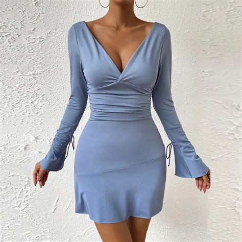 Women Sexy Long Sleeve Mini Dress V Neck Backless Party Outfit Lace Up Drawstring Bodycon