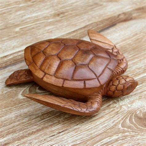 Hand Carved Wood Sculpture Decorative Box Sea Turtle Guardian Novica