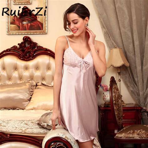 Women Silk Satin Night Dress Sexy Hollow Out Lace Patchwork Nighties V Neck Ladies Nightgown