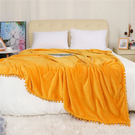 Luxury Flannel Fleece Blanket With Pompom Fringe Yellow 59 X 78