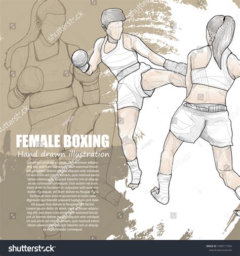 Hand Drawn Illustration Female Boxing Action เวกเตอร์สต็อก ปลอดค่า