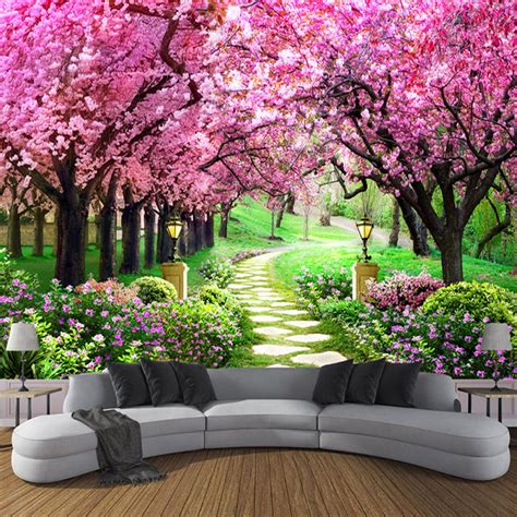 3d Wallpaper Flower Romantic Cherry Blossom Tree Small Road Wall Mural