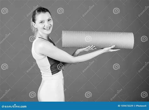 Yoga Class Concept Practicing Yoga Every Day Girl Smiling Slim Fit Athlete Hold Fitness Mat