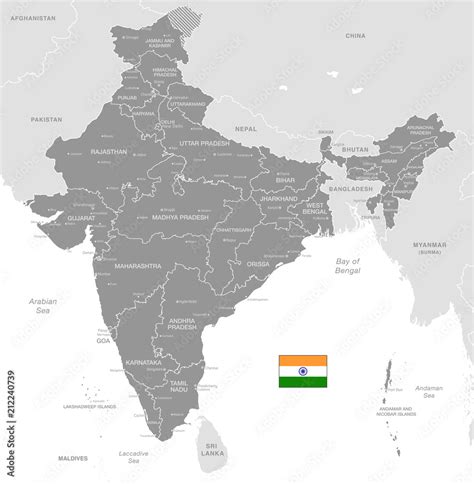 Grey Vector Political Map Of India Stock Vector Adobe Stock