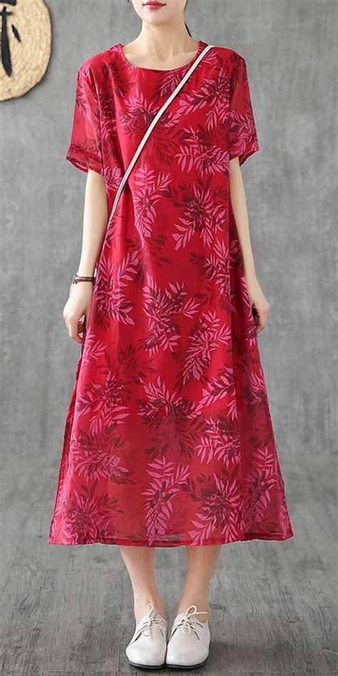 Organic Red Print Linen Robes O Neck Short Sleeve Kaftan Dress Summer Linen Dresses Short