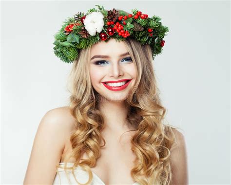 Beautiful Happy Woman With Christmas Garland Smiling On White Stock