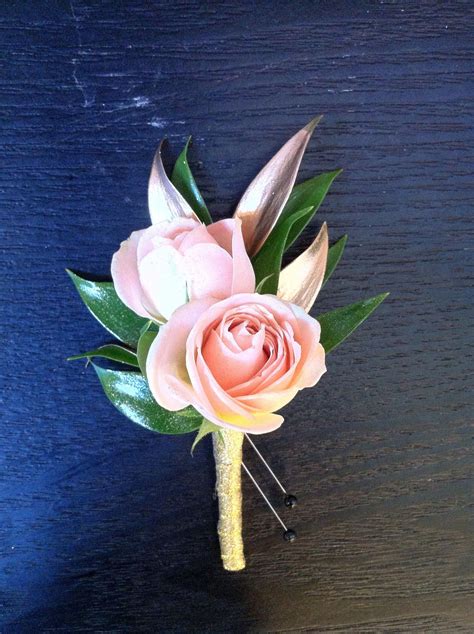 Boutonniere Light Pink Spray Roses Gold Italian Ruscus With Champagne