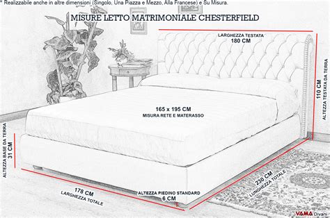 Misure standard indicative (larghezza x lunghezza). Letto Chesterfield Matrimoniale in Pelle, realizzabile su ...