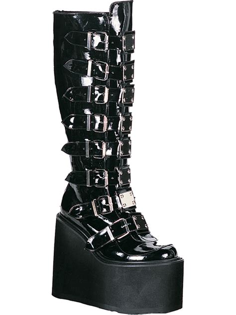 Demonia Black Patent Gothic Boots Metal Buckles Straps 5 12 Inch
