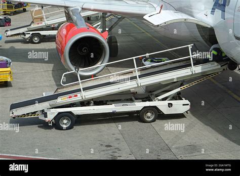 Vehicle With Conveyor Belt Aircraft Baggage Loader Transport Stock