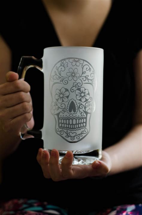 glass etched sugar skull mug day of the dead sandblasted etsy