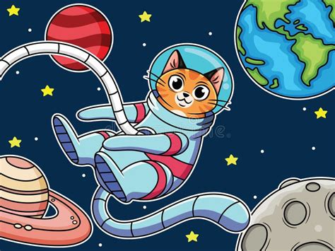 Cartoon Astronaut Cat Flying In Space With Cute Expression Stock Vector