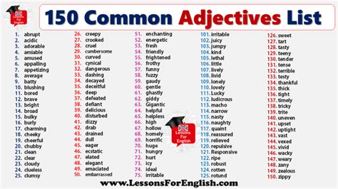 Common Adjectives List Lessons For English