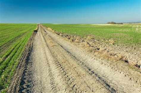 Country Long Road Through Green Fields And Blue Sky Stock Photo Image