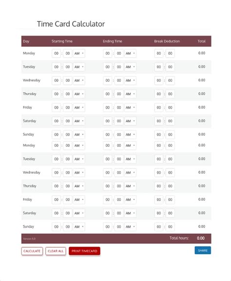 sample time card calculator  documents   excel