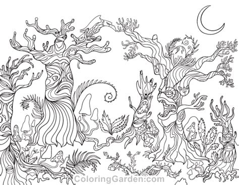 Printable realistic forest coloring page gallery fun for kids. Spooky Forest Adult Coloring Page