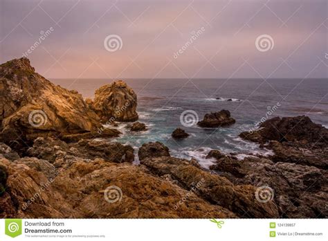 Sunset At Water`s Edge In Big Sur Stock Image Image Of Boulders
