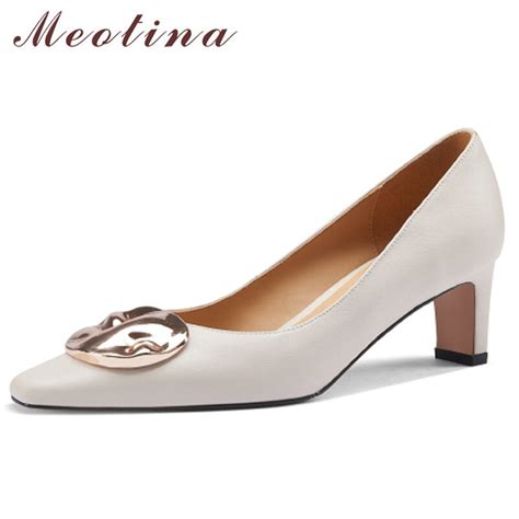 Meotina Natural Genuine Leather Women Shoes High Heels Square Toe Pumps Metal Decoration Chunky