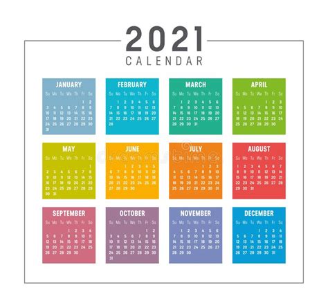 Year 2021 Calendar Vector Template Stock Vector Illustration Of Date
